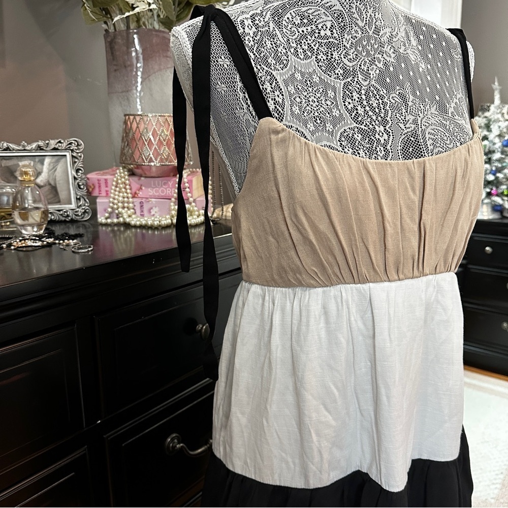 Mi Ami Colorblock Tiered Mini Dress Tie Straps Neutral Boho Medium - Picture 4 of 16